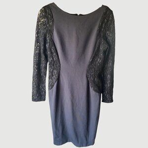 Vera Wang Blue Black Lace Sleeve Illusion Bodycon Shift Dress Exposed Zipper 6